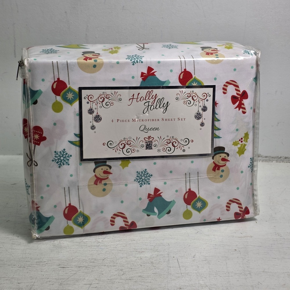 Holly Jolly Christmas Wonderland White Holiday Microfiber Queen 4Pc Sheet Set